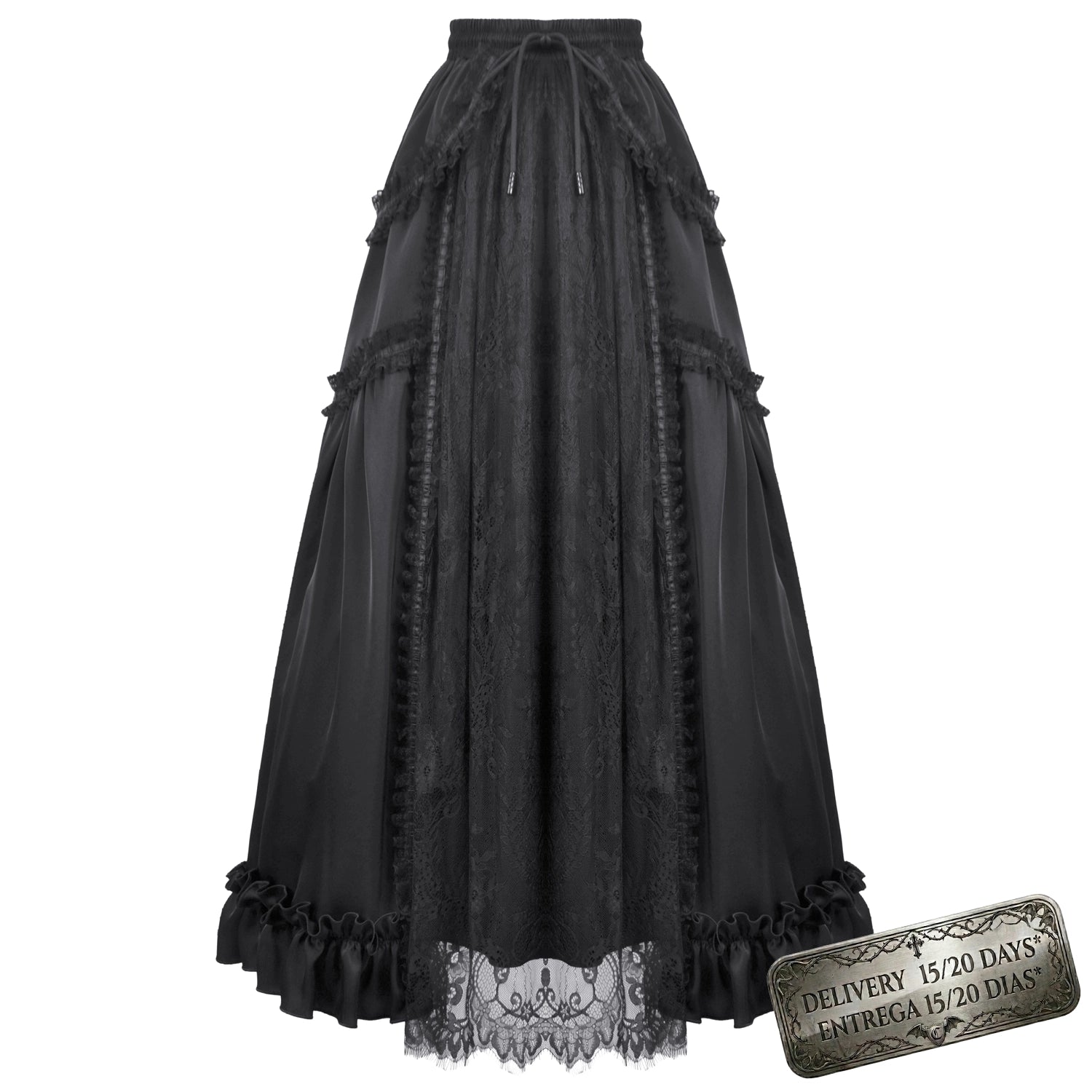 Falda de Satén con Panel de Encaje Central