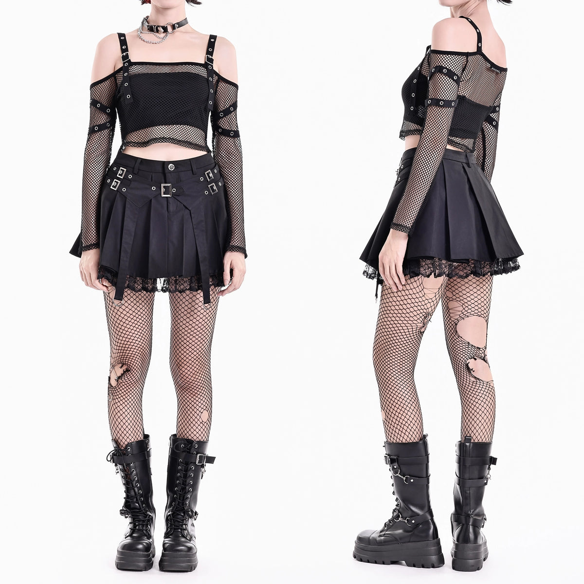 Minifalda Plisada Negra Punk con Hebillas y Bajo de Encaje, puesto en modelo, foto 5