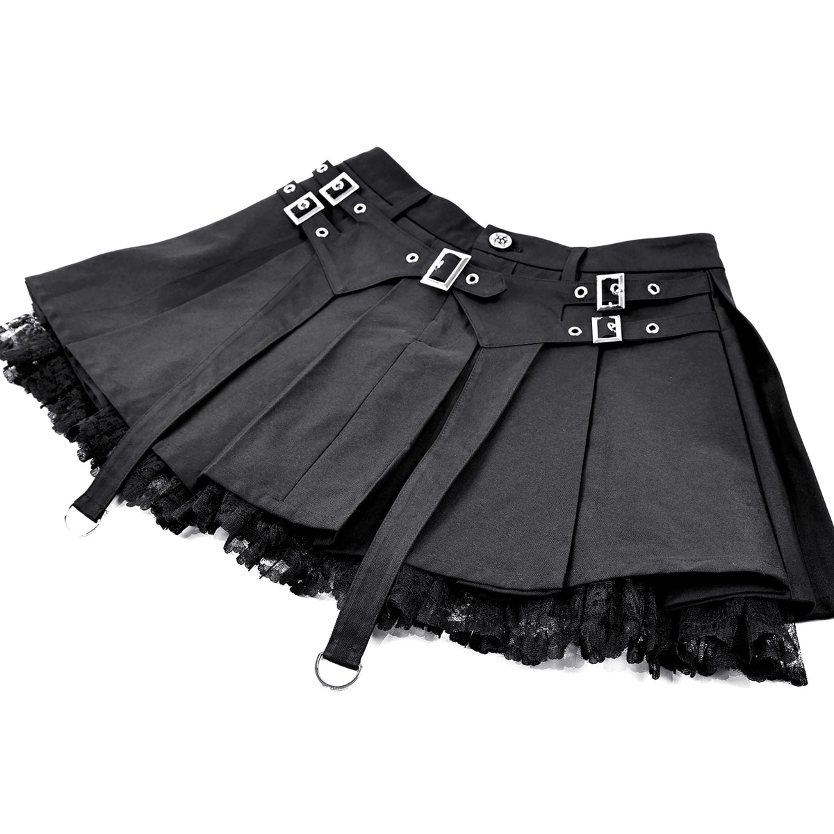 Minifalda Plisada Negra Punk con Hebillas y Bajo de Encaje, foto de detalle 1