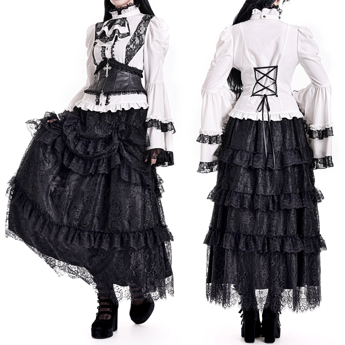 Falda negra victoriana de volantes de encaje, detalle