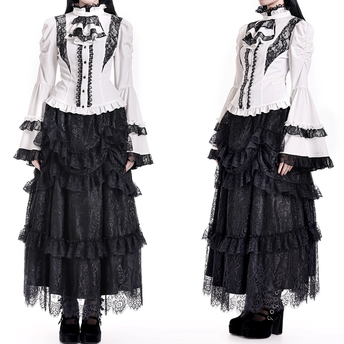 Falda negra victoriana de volantes de encaje, textura