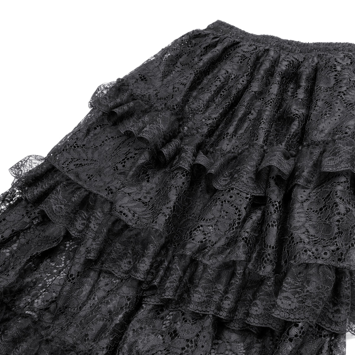 Falda negra victoriana de volantes puesta, detalle capas