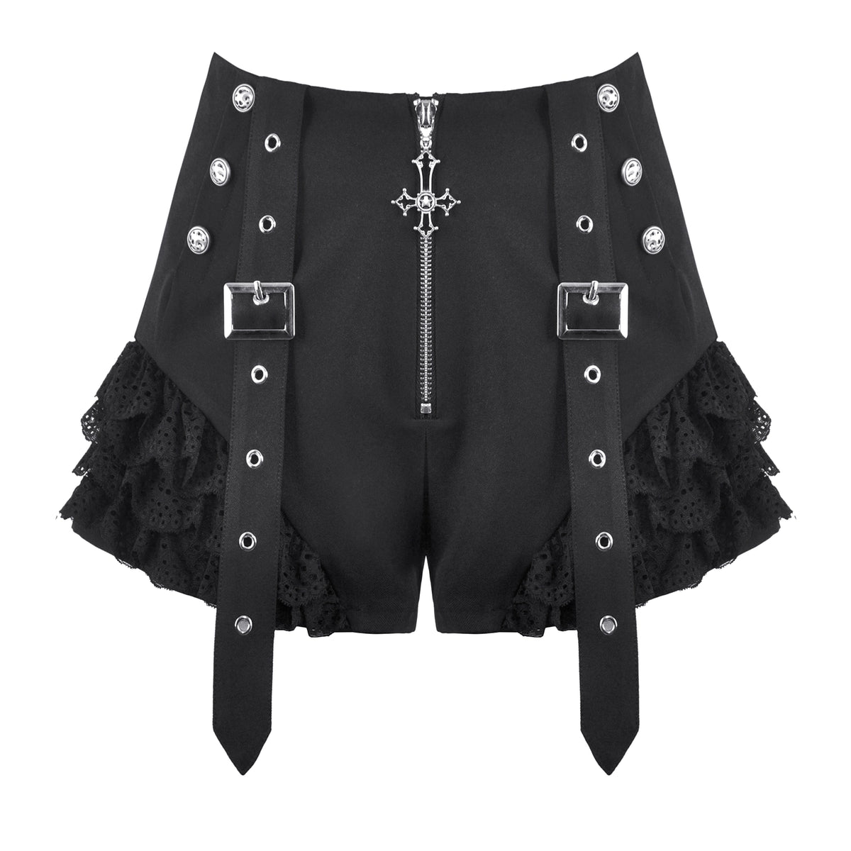 Shorts Góticos Negros con Cruz Metálica, Encaje y Correas