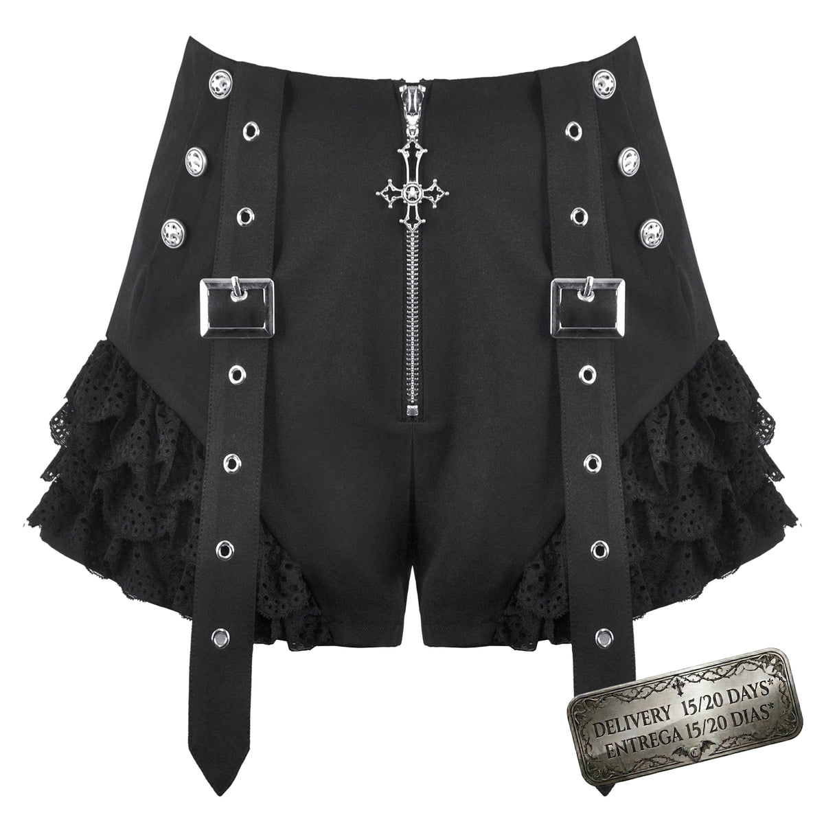 Shorts Góticos Negros con Cruz Metálica, Encaje y Correas