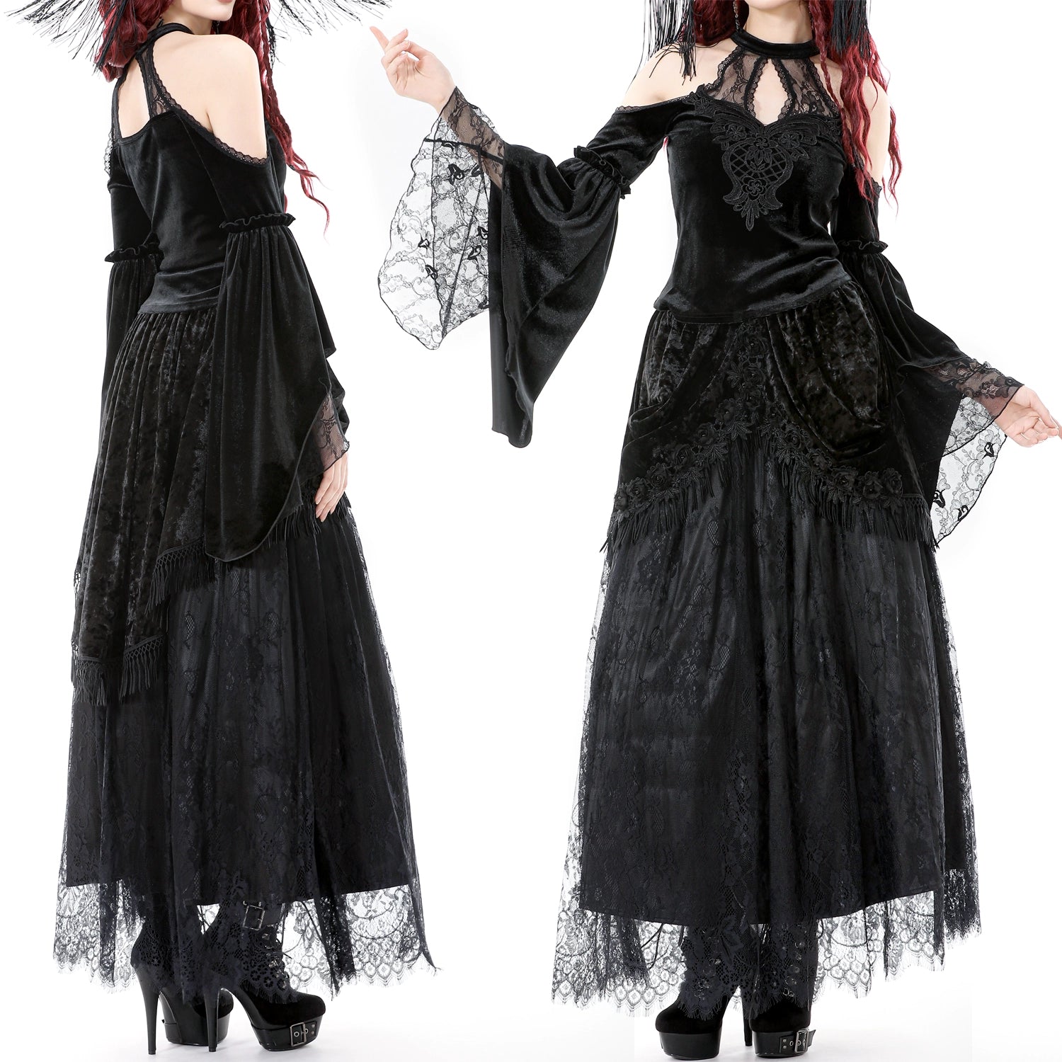 Top gótico de veludo com renda e mangas sino