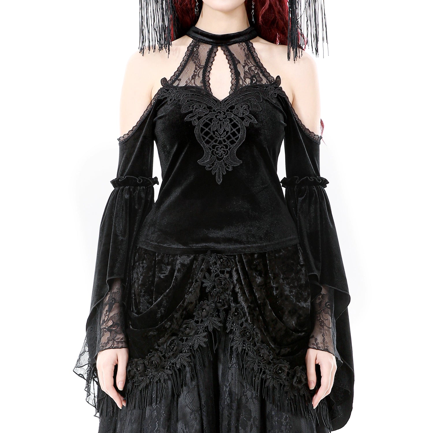 Top gótico de veludo com renda e mangas sino