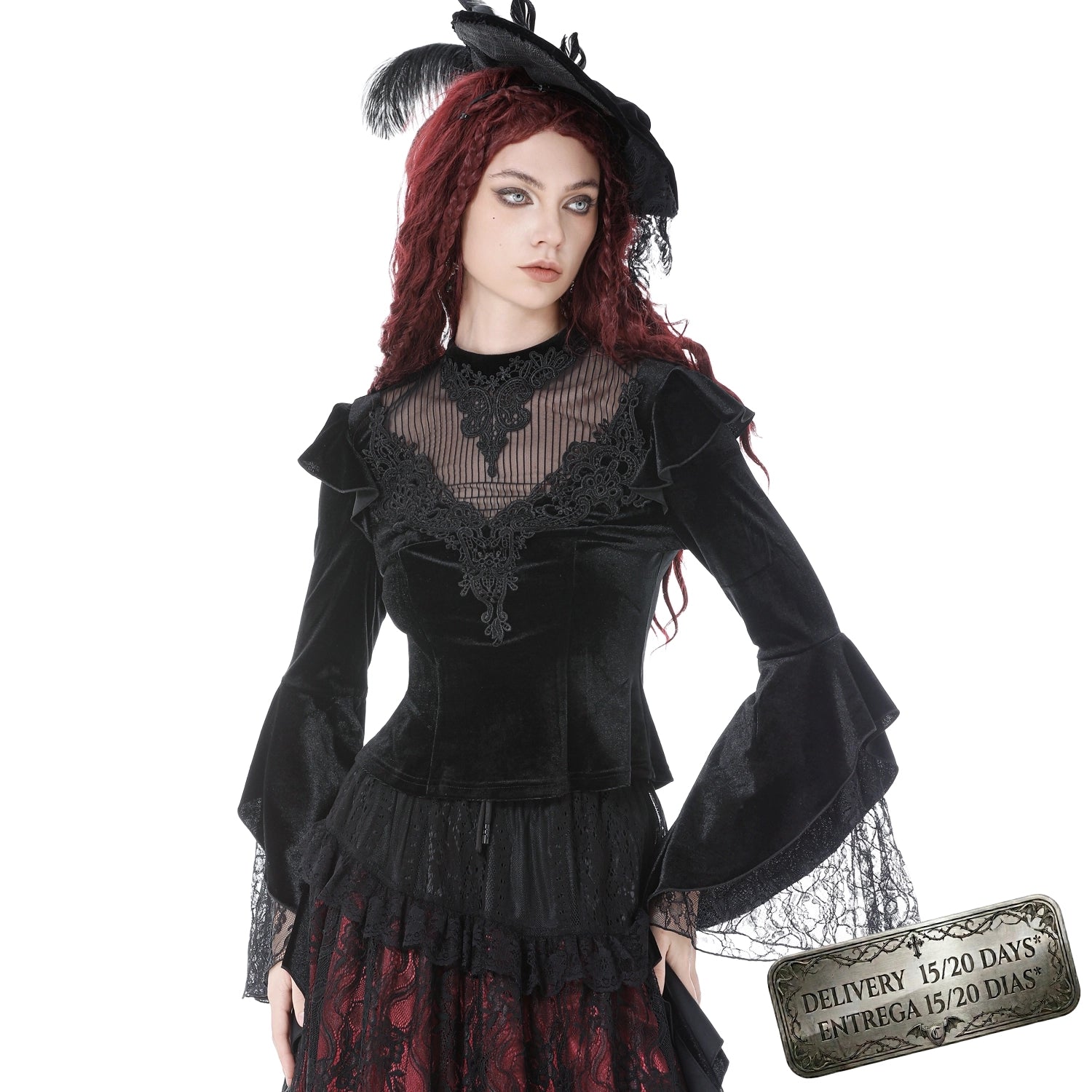 Velvet T-shirt with Lace and Bell Sleeves