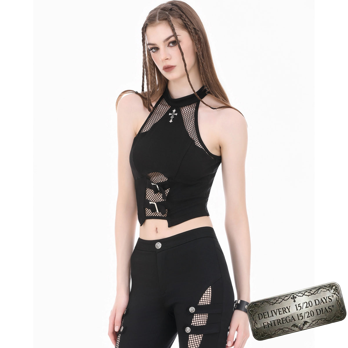 Crop Top Halter con Cruz, Rejilla y Hebillas