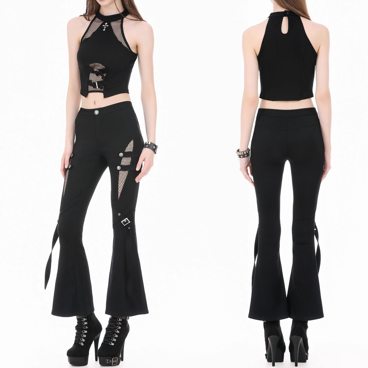 Crop Top Halter con Cruz, Rejilla y Hebillas