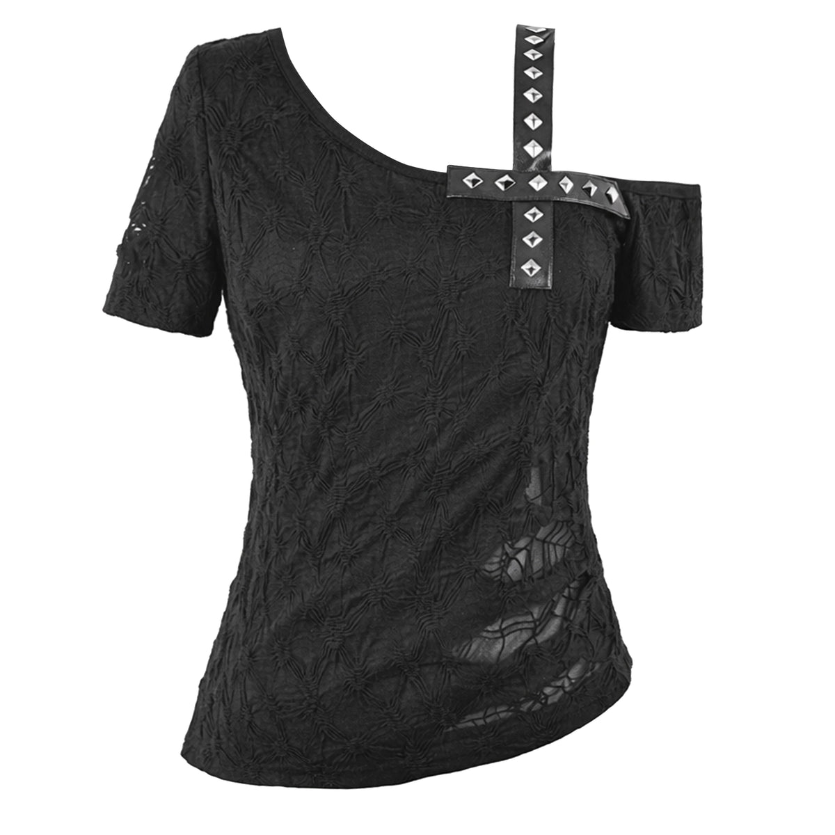 Camiseta Asimétrica con Cruz de Tachuelas y Hombro al Aire