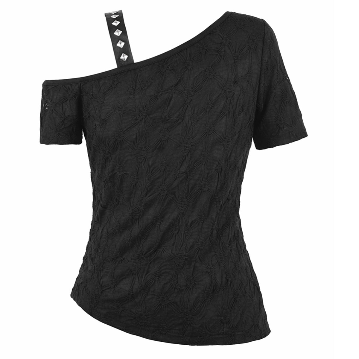 Camiseta Asimétrica con Cruz de Tachuelas y Hombro al Aire