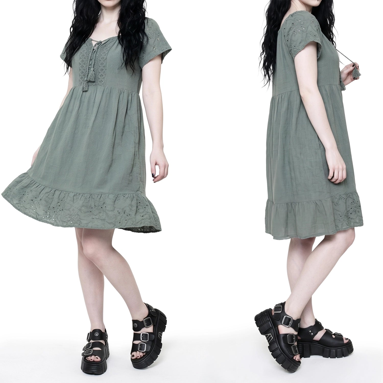 Vestido Boho Verde de Algodón con Bordado Suizo