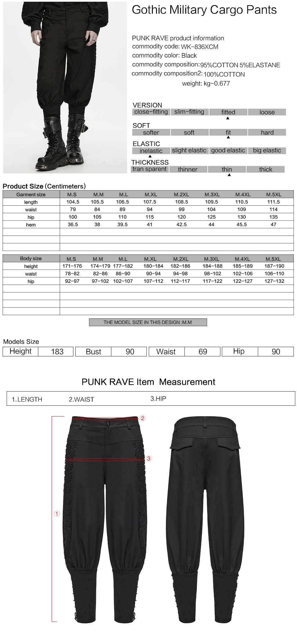 Ficha técnica y tabla de medidas del pantalón bombacho gótico WK-836XCM