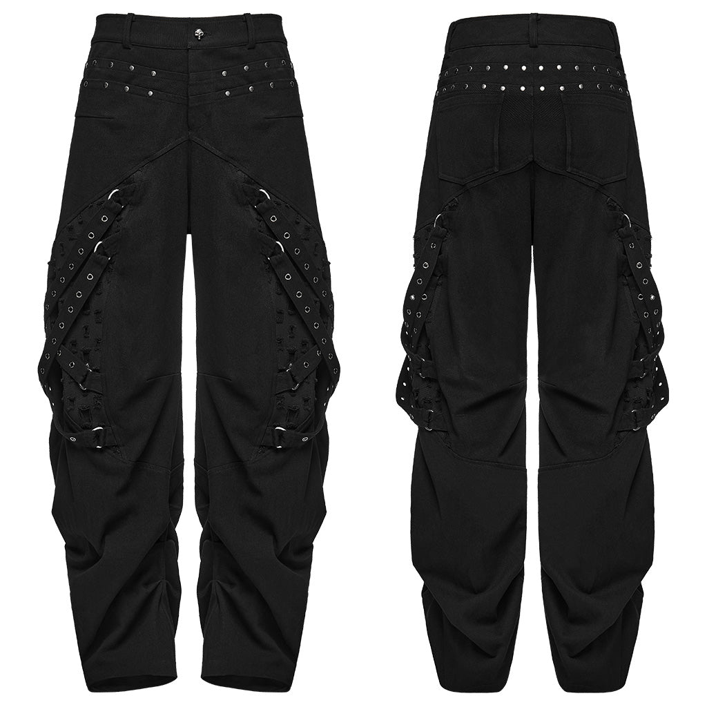Pantalón punk negro en plano, delantero y espalda con el bajo fruncido