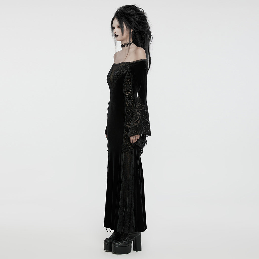 Perfil del vestido de terciopelo con manga de campana de encaje y falda de sirena