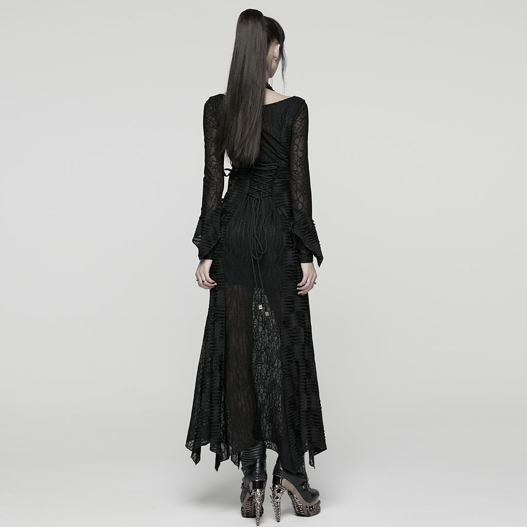 Espalda del vestido largo punk con cordón cruzado y bajo en picos