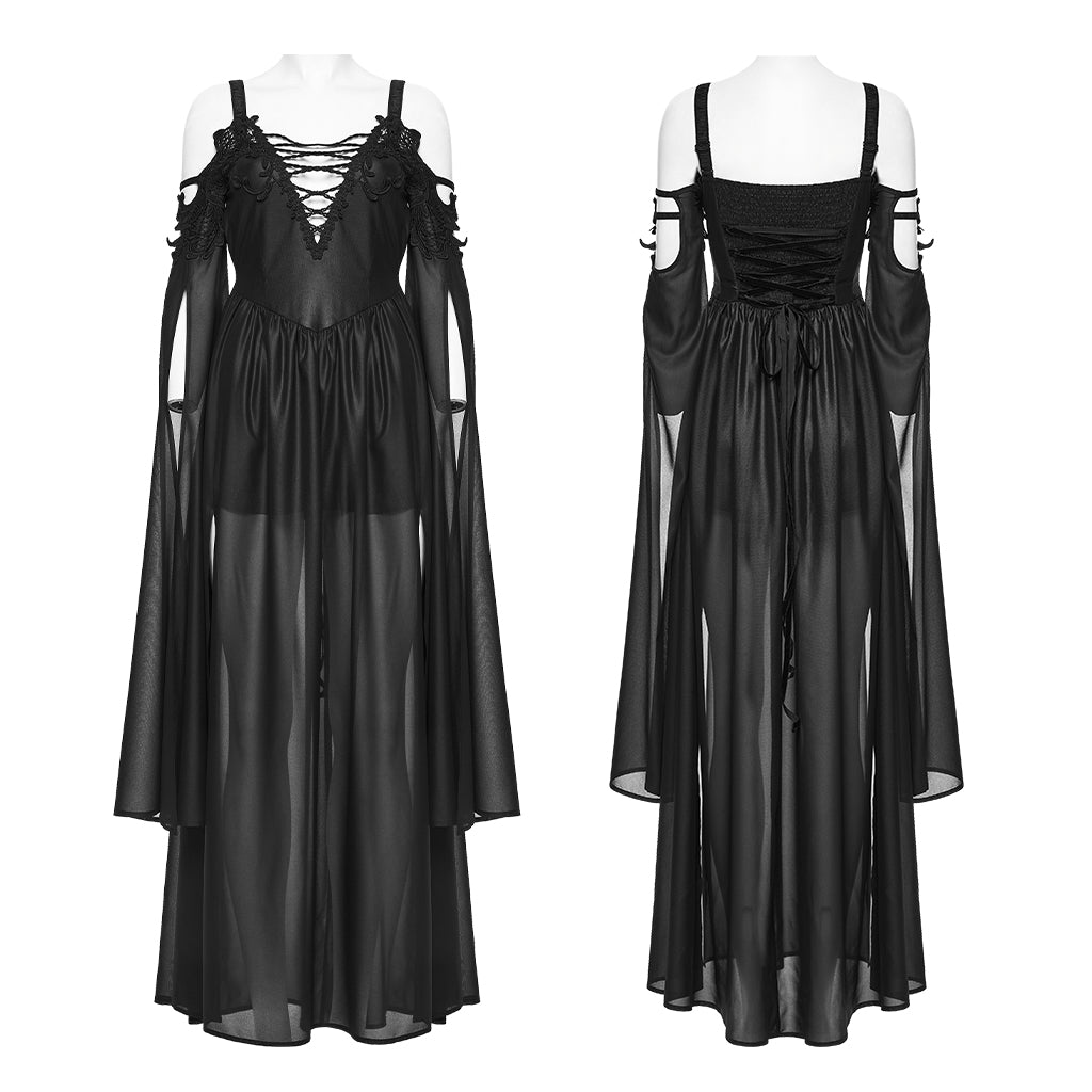 Vestido WQ-932 en maniquí, delantero y espalda con el forro corto bajo la gasa
