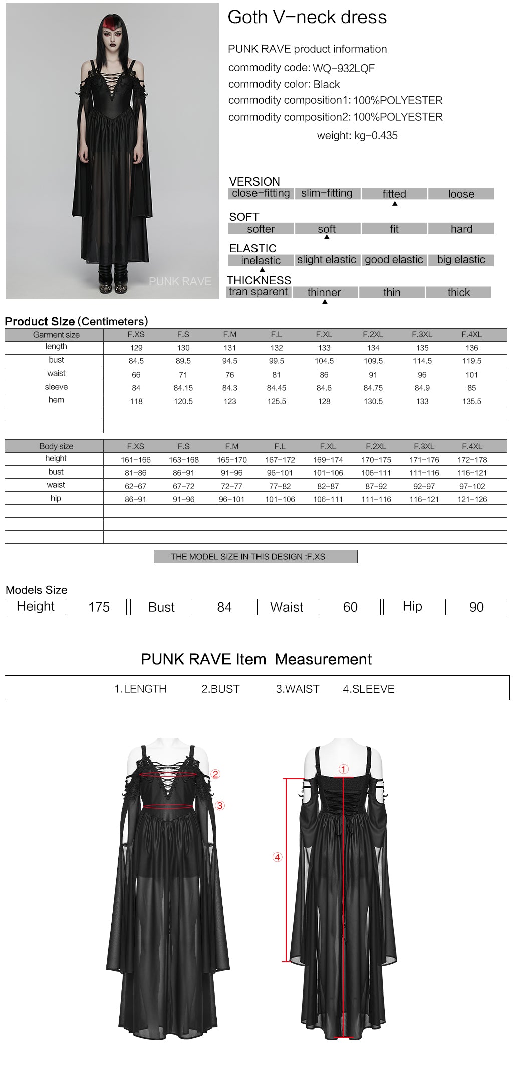 Ficha técnica y tabla de medidas del vestido largo gótico de gasa WQ-932LQF