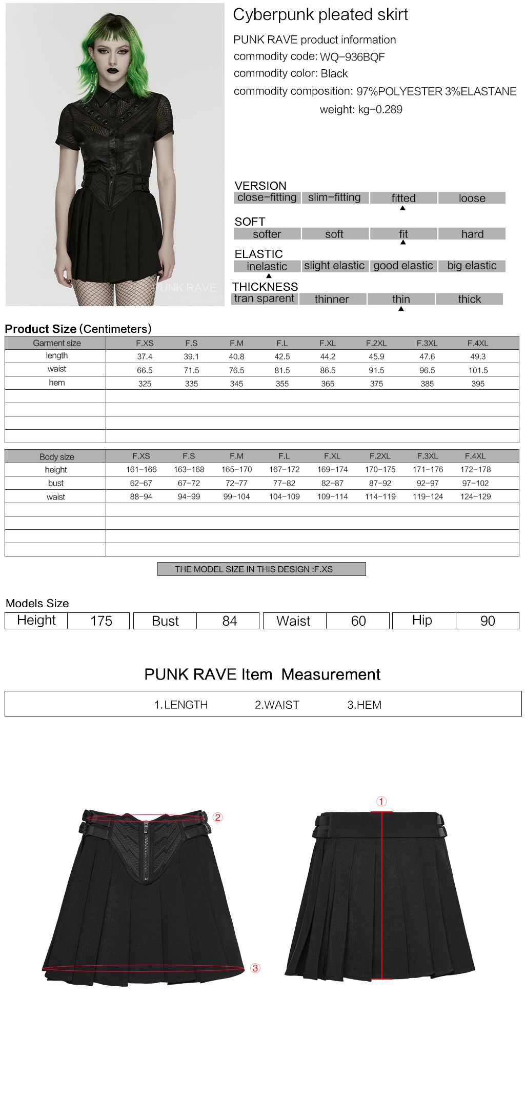Ficha técnica y tabla de medidas de la minifalda plisada cyberpunk WQ-936BQF
