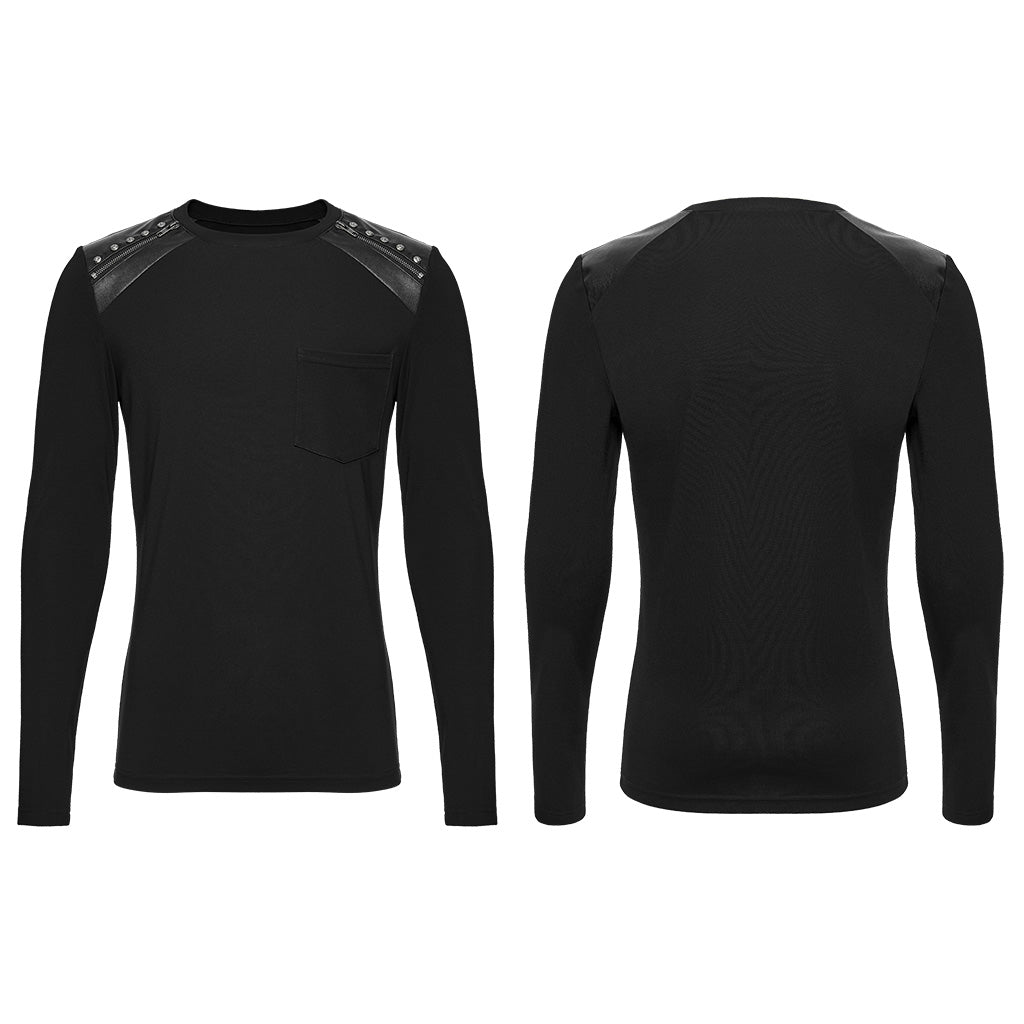Camiseta punk con hombros de polipiel en plano, delantero y espalda