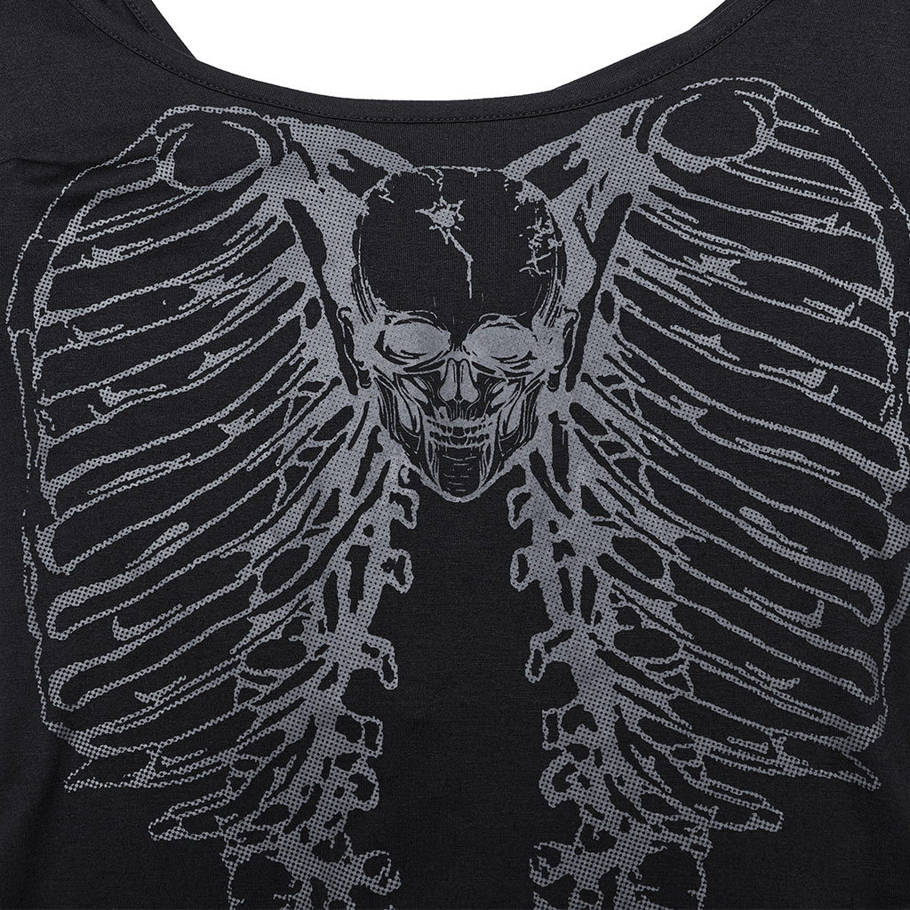 Detalle del estampado gris de caja torácica y calavera