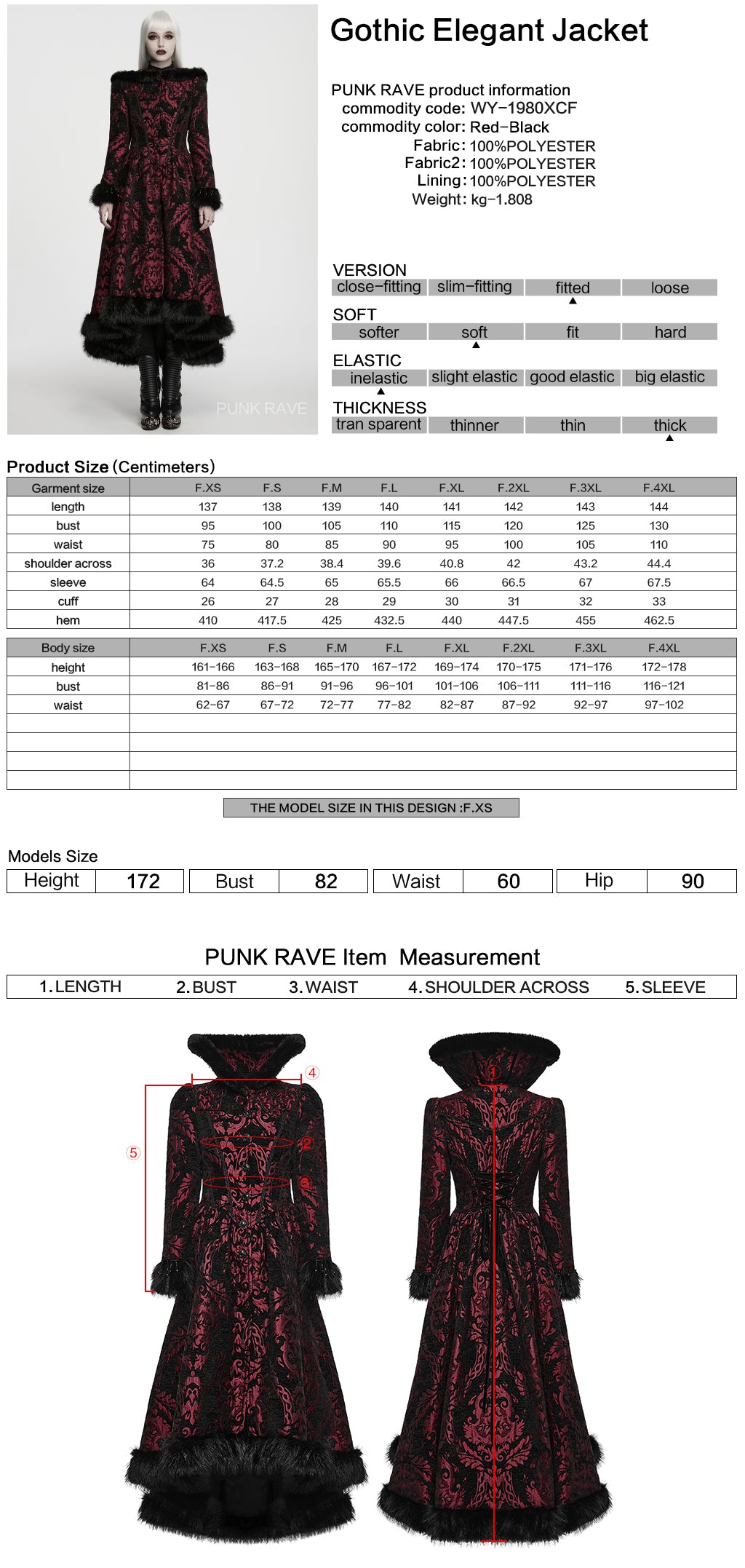 Ficha técnica y tabla de medidas del abrigo largo gótico rojo y negro WY-1980XCF