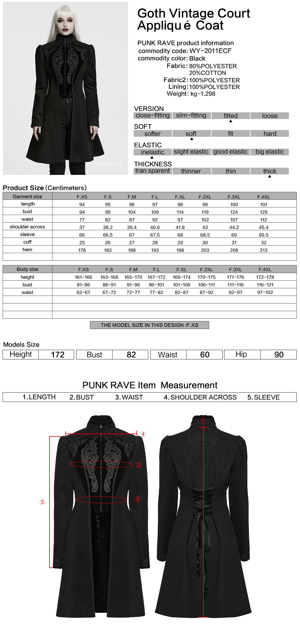 Abrigo Gótico Negro con Pechera de Terciopelo Bordada y Lazada Trasera - Punk Rave, ficha técnica con tabla de medidas