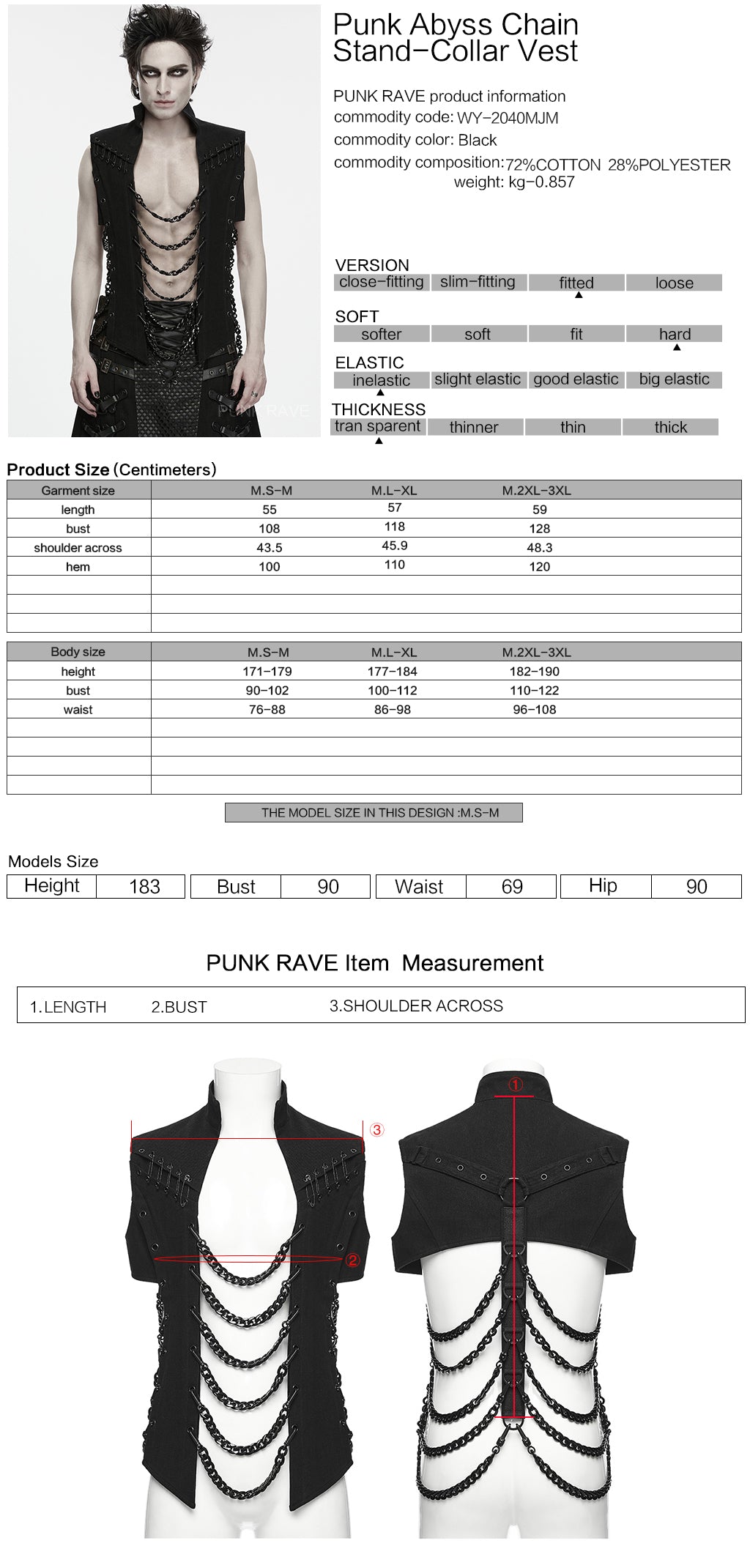 Ficha técnica y tabla de medidas del chaleco punk de cadenas en tallas S/M, L/XL y 2XL/3XL