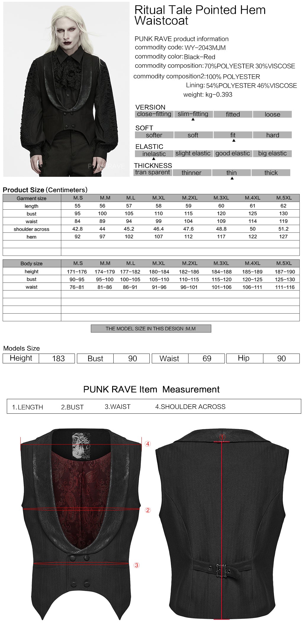 Ficha técnica y tabla de medidas del chaleco gótico negro y rojo WY-2043MJM