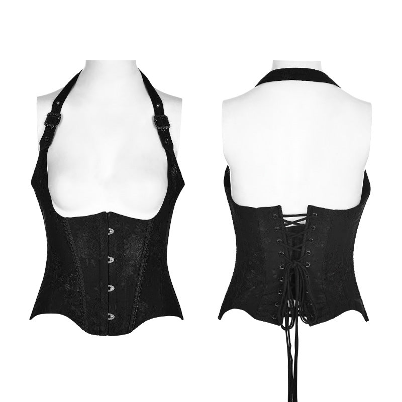 Corsé underbust con tirantes halter sobre maniquí, delantero y espalda
