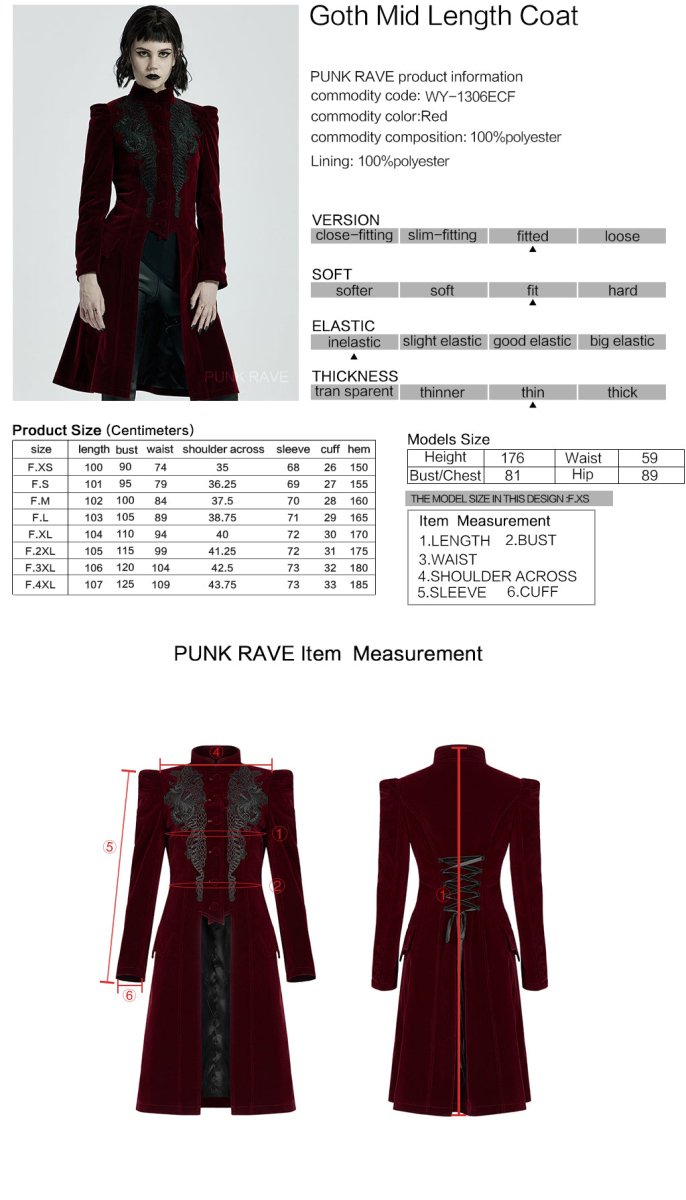 Ficha técnica y tabla de medidas del abrigo gótico de terciopelo rojo WY-1306ECF