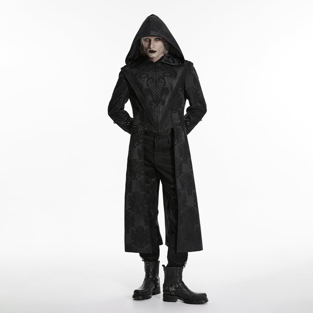 Abrigo Gótico Hombre Negro con Capucha y Bordados - Crazyinlove