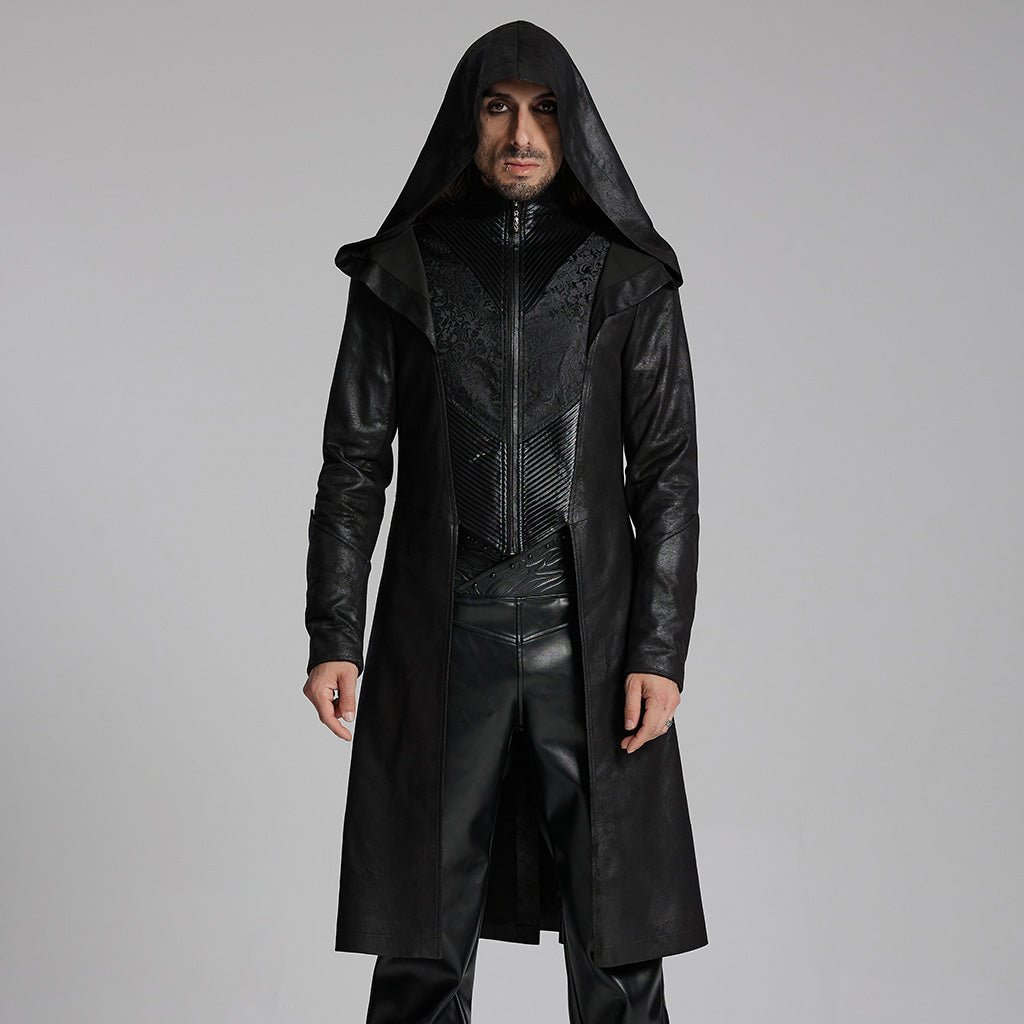 Abrigo Gótico Hombre Negro con Capucha y Efecto Cuero - Crazyinlove