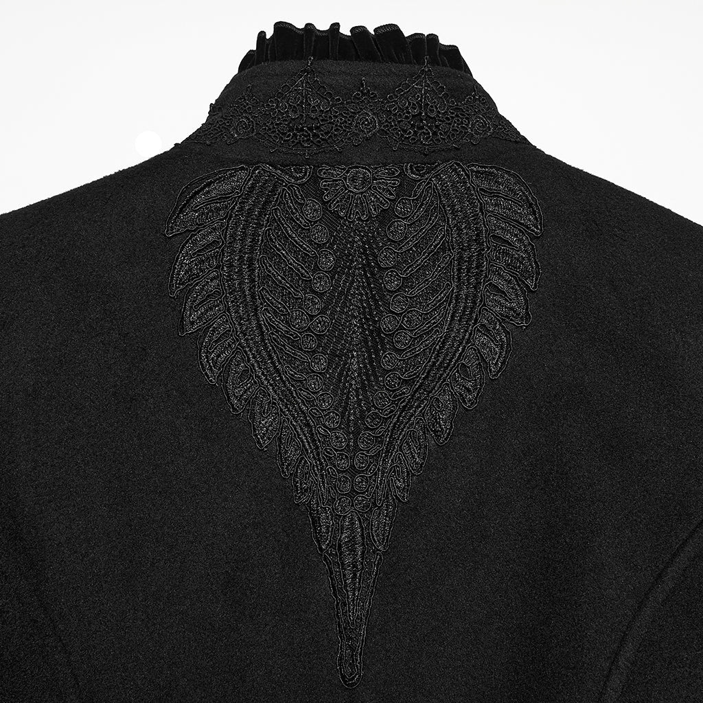 Abrigo Gótico Negro con Pechera de Terciopelo Bordada y Lazada Trasera - Crazyinlove