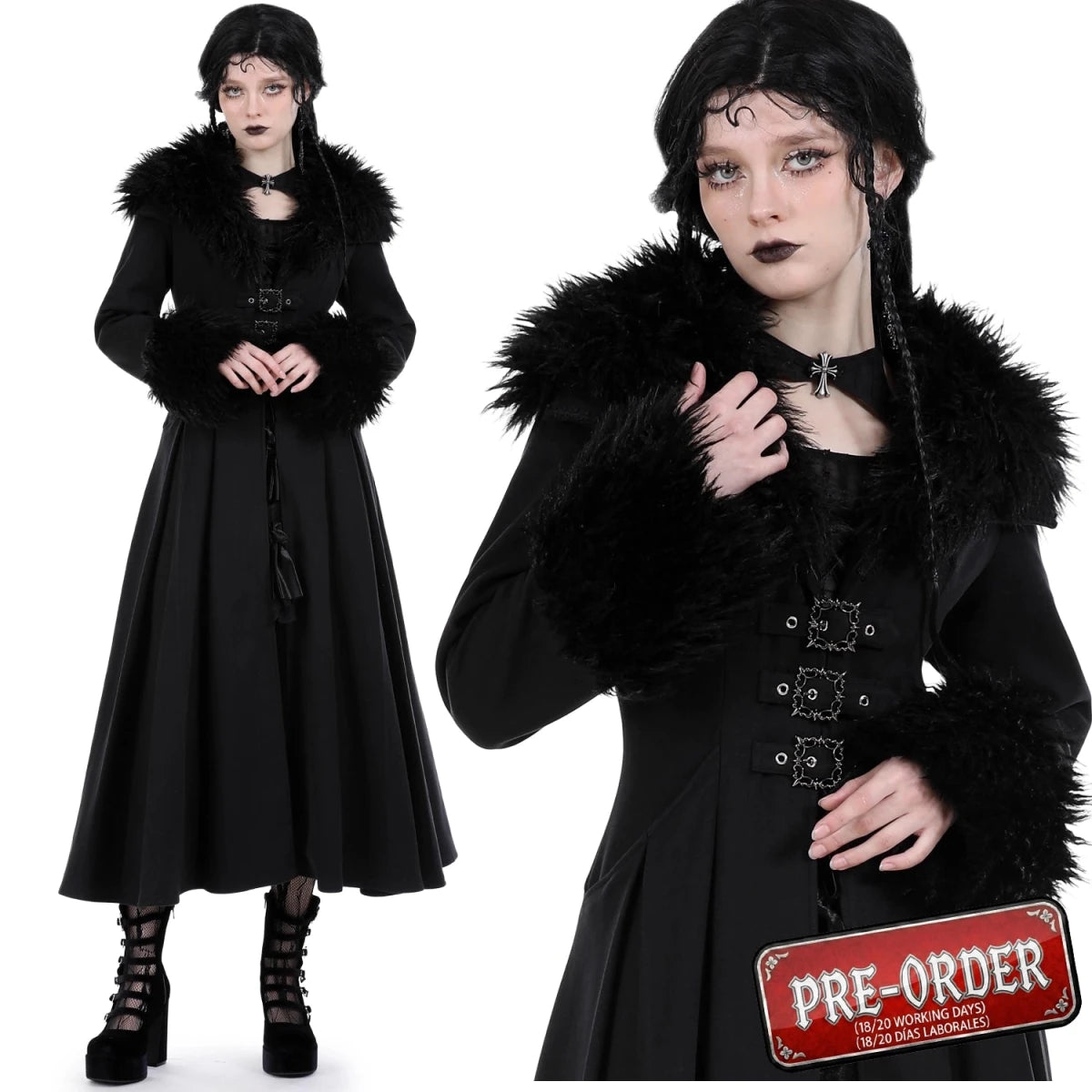 Abrigo Largo con Cuello de Pelo y Lazada Trasera - Crazyinlove