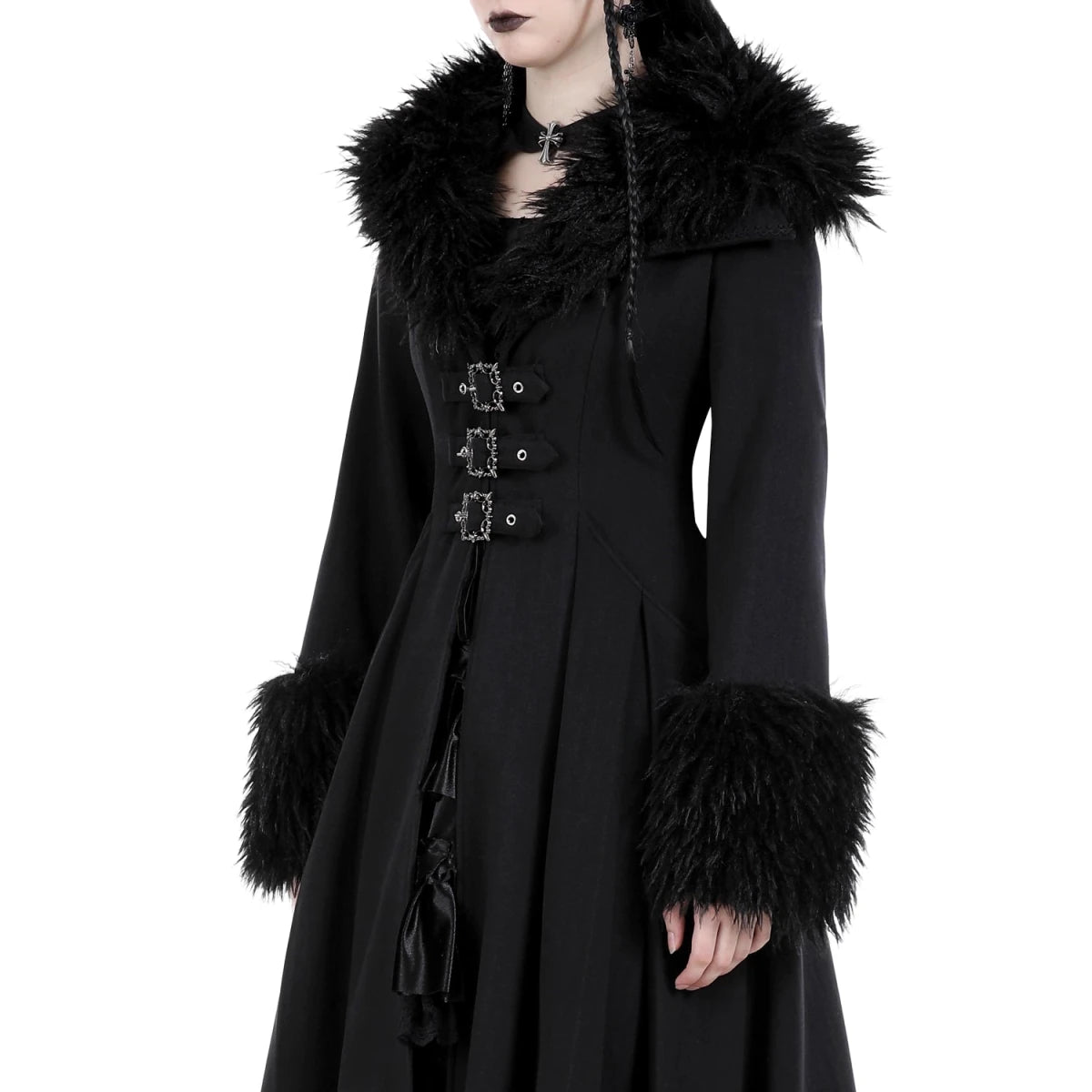 Abrigo Largo con Cuello de Pelo y Lazada Trasera - Crazyinlove