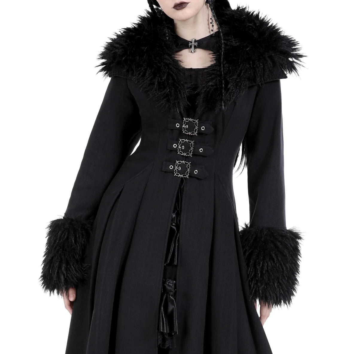 Abrigo Largo con Cuello de Pelo y Lazada Trasera - Crazyinlove