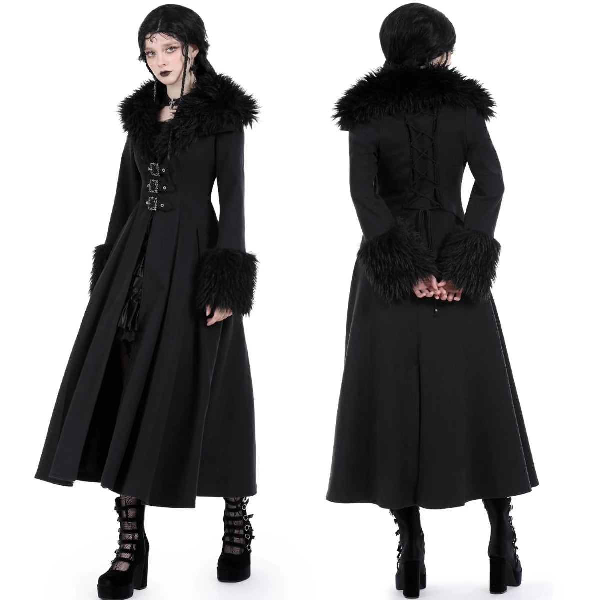 Abrigo Largo con Cuello de Pelo y Lazada Trasera - Crazyinlove