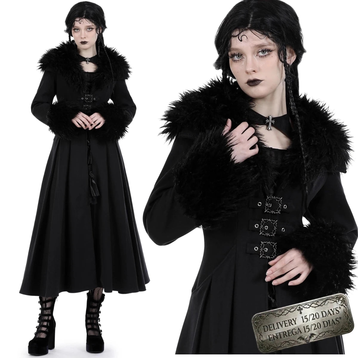 Abrigo Largo con Cuello de Pelo y Lazada Trasera - Crazyinlove