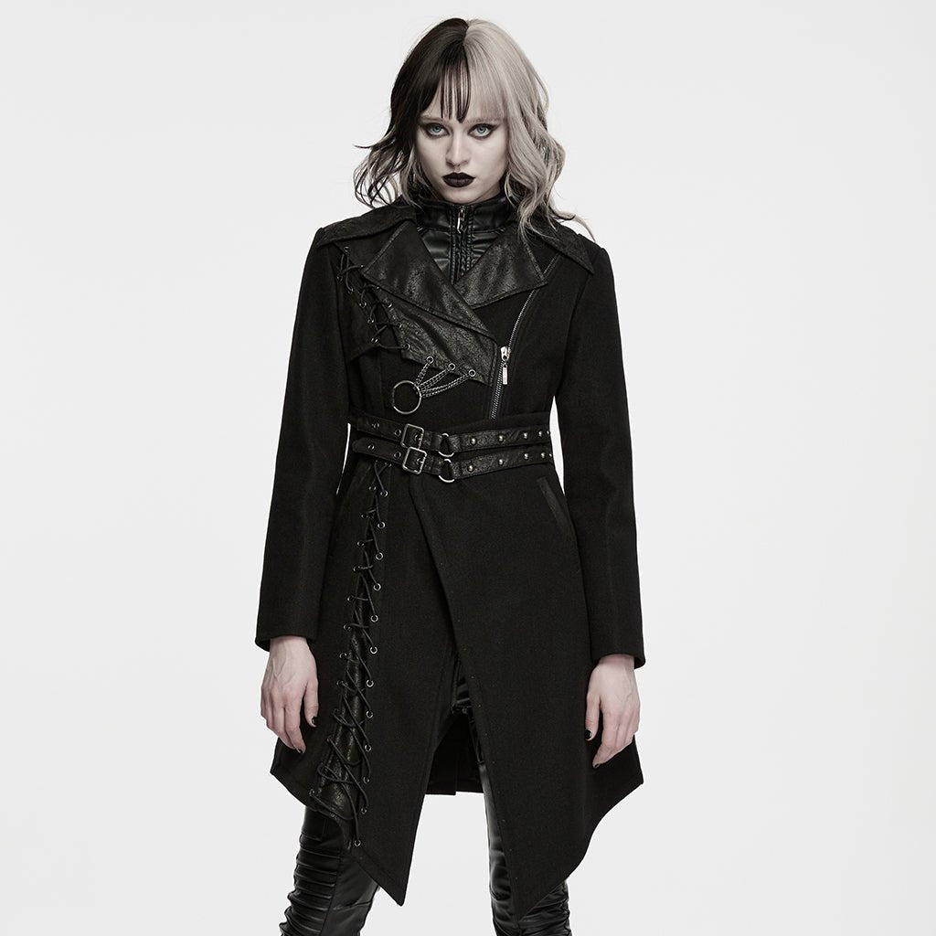 Abrigo Punk Negro Asimétrico con Cordones y Doble Correa - Crazyinlove