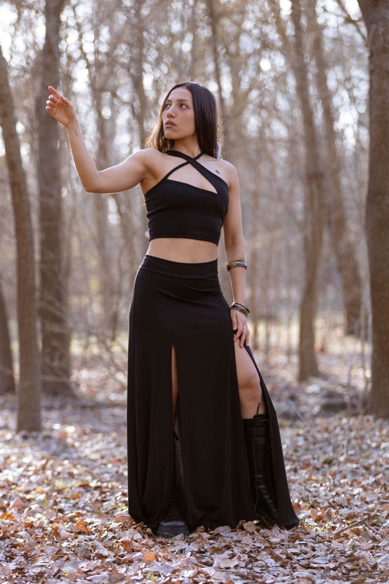 Black Maxi long skirt with double front split - Crazyinlove