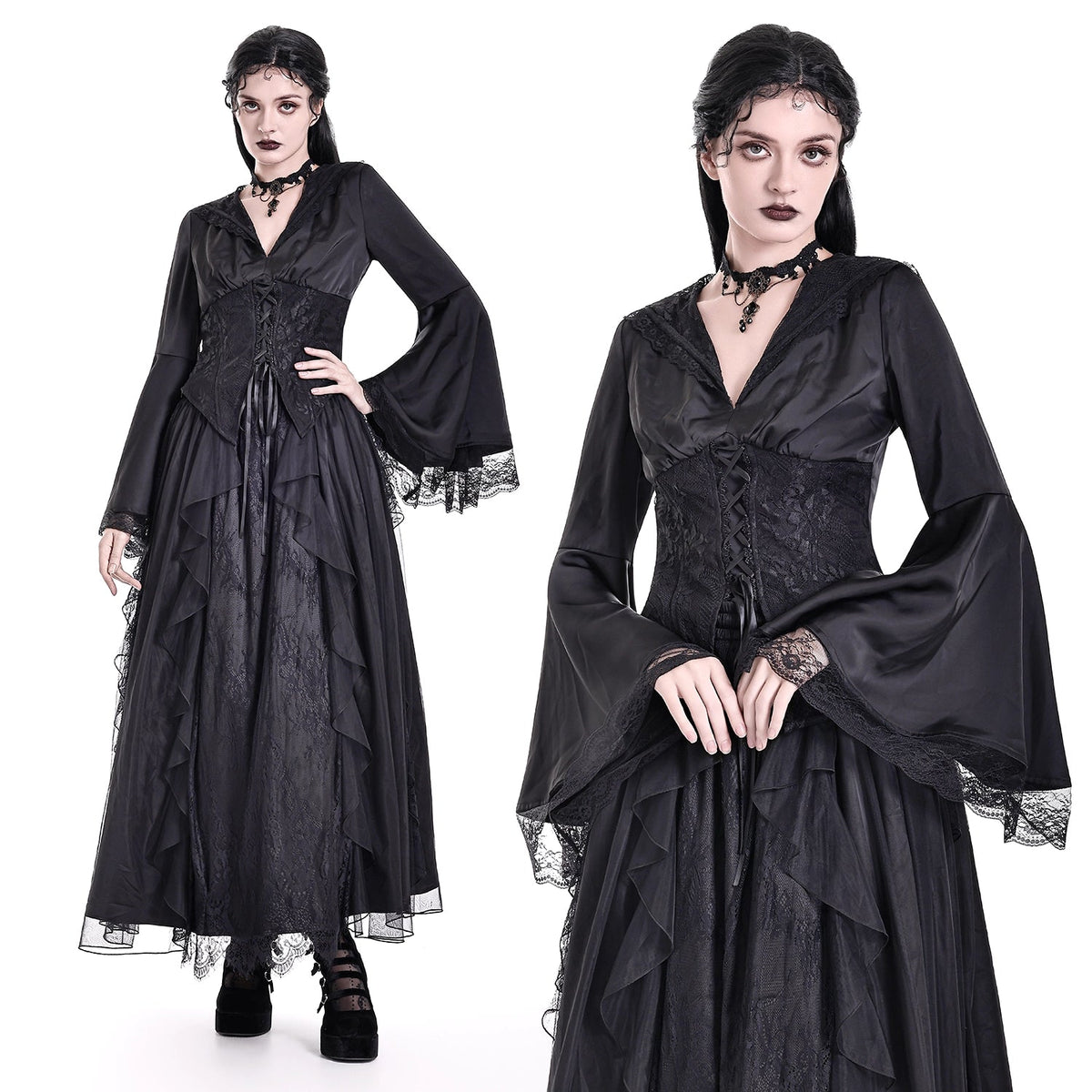 Blusa Gótica de Satén con Capucha de Encaje TW713: modelo de cuerpo entero y en medio plano, dos poses