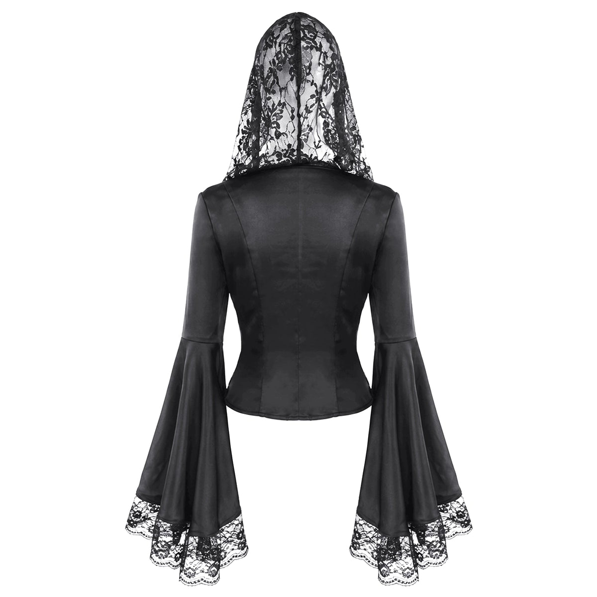 Blusa Gótica de Satén con Capucha de Encaje TW713, espalda sobre fondo blanco