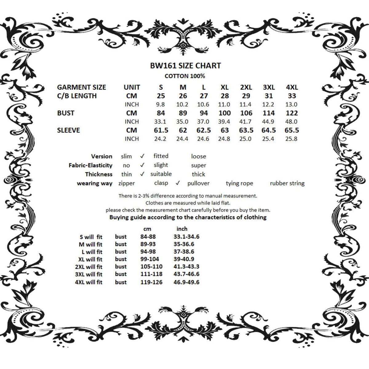 Tabla de medidas de bolero gótico de encaje negro con patrón floral y diseño de hombros descubiertos.