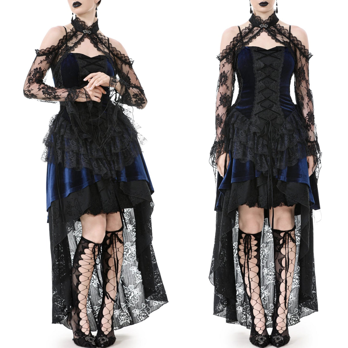 Vestido gótico de terciopelo azul oscuro con cordones frontales tipo corsé, y bolero de encaje negro.
