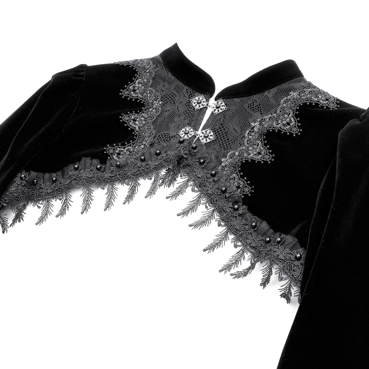 Bolero Victoriano de Terciopelo y Encaje, detalle de cuello alto y encaje con flecos