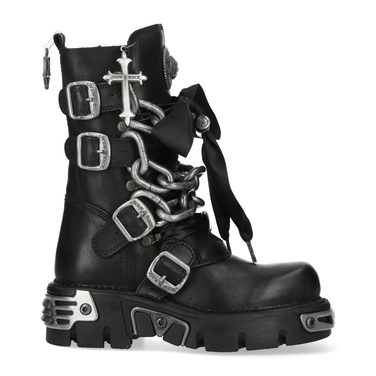 Botte New Rock noire vue de côté avec quatre boucles, chaînes et croix argentée