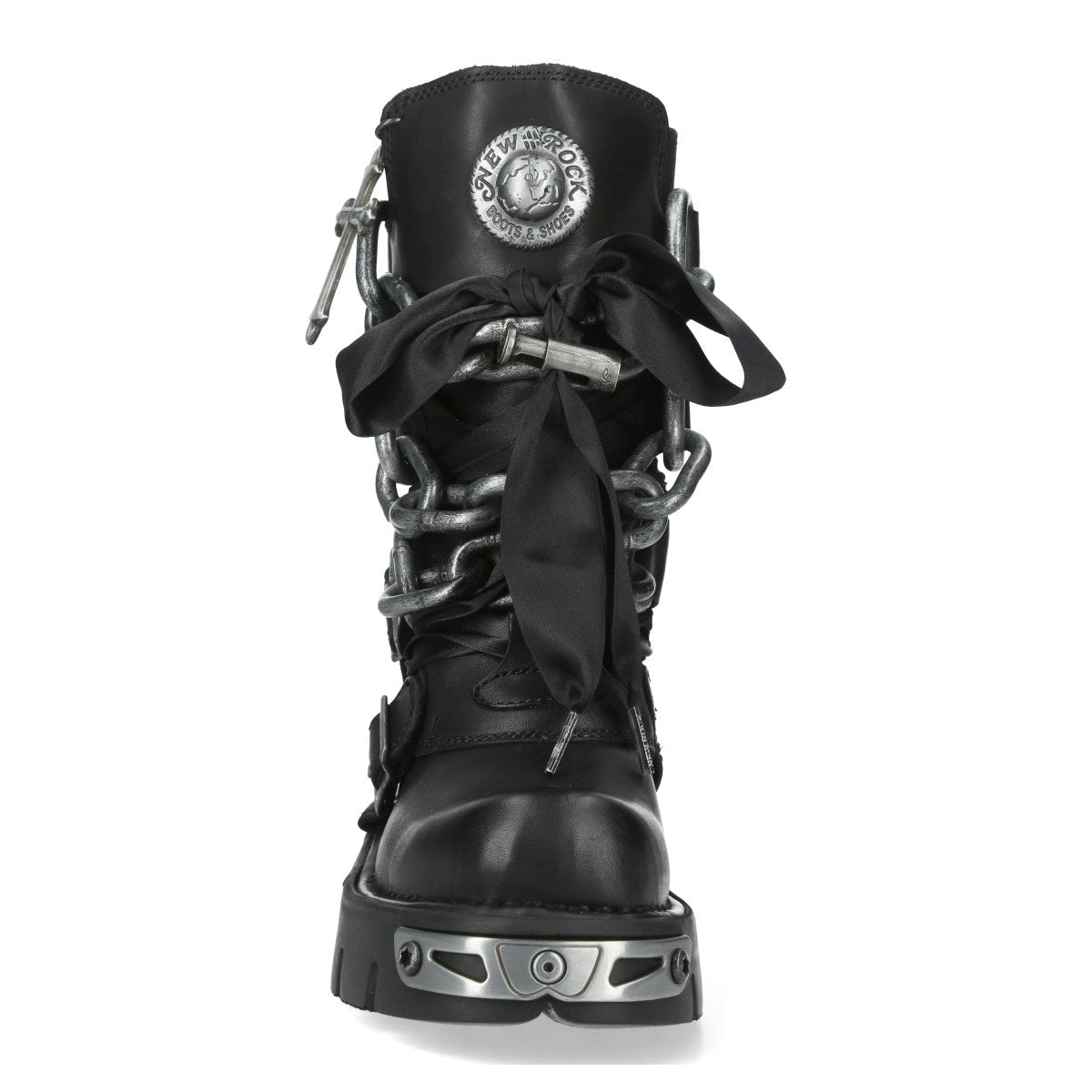 Vue de face de la botte New Rock avec le nœud en satin et le médaillon en haut