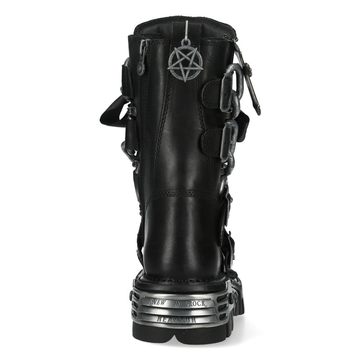 Arrière de la botte New Rock avec le pentagramme métallique et la plaque du talon