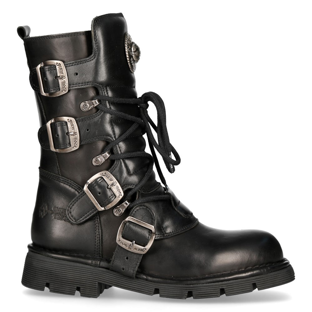 Perfil exterior de la bota New Rock M-1473-S1 con correas de hebilla y suela baja de goma